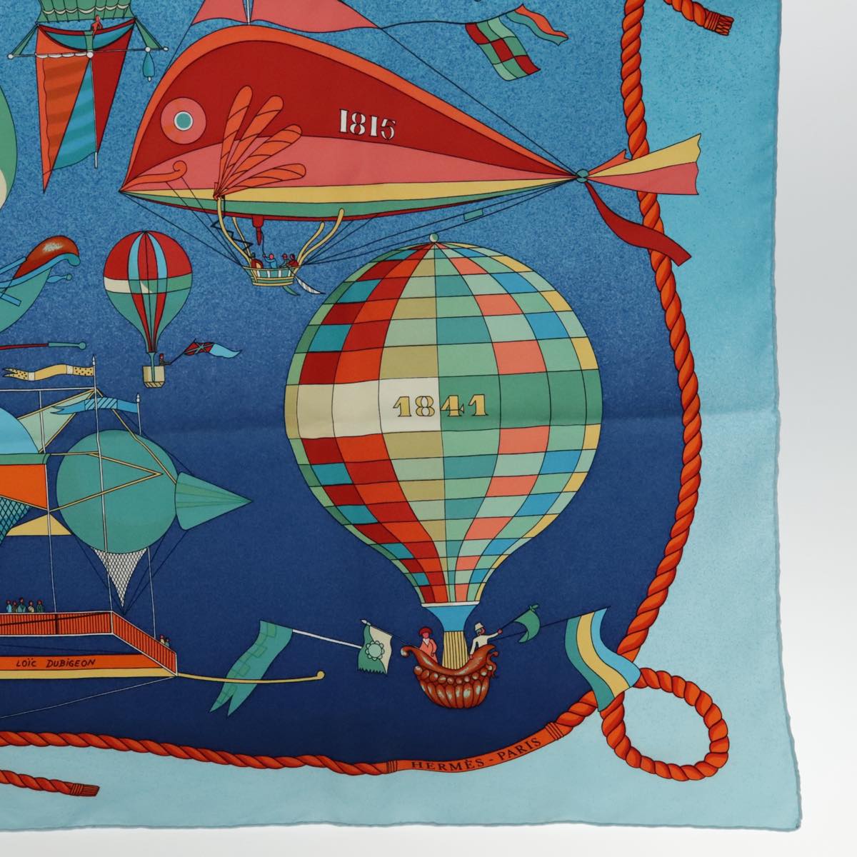 HERMES Carre 90 Scarf ""LES FOLIES DU CIEL"" Silk Blue Orange Auth bs18398