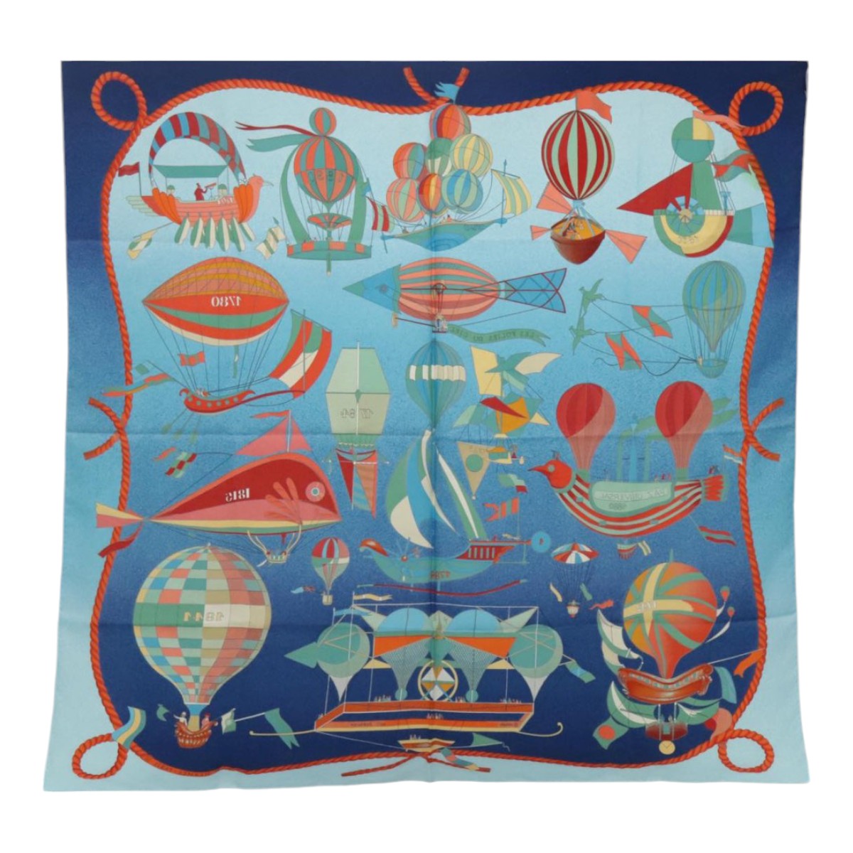 HERMES Carre 90 Scarf ""LES FOLIES DU CIEL"" Silk Blue Orange Auth bs18398