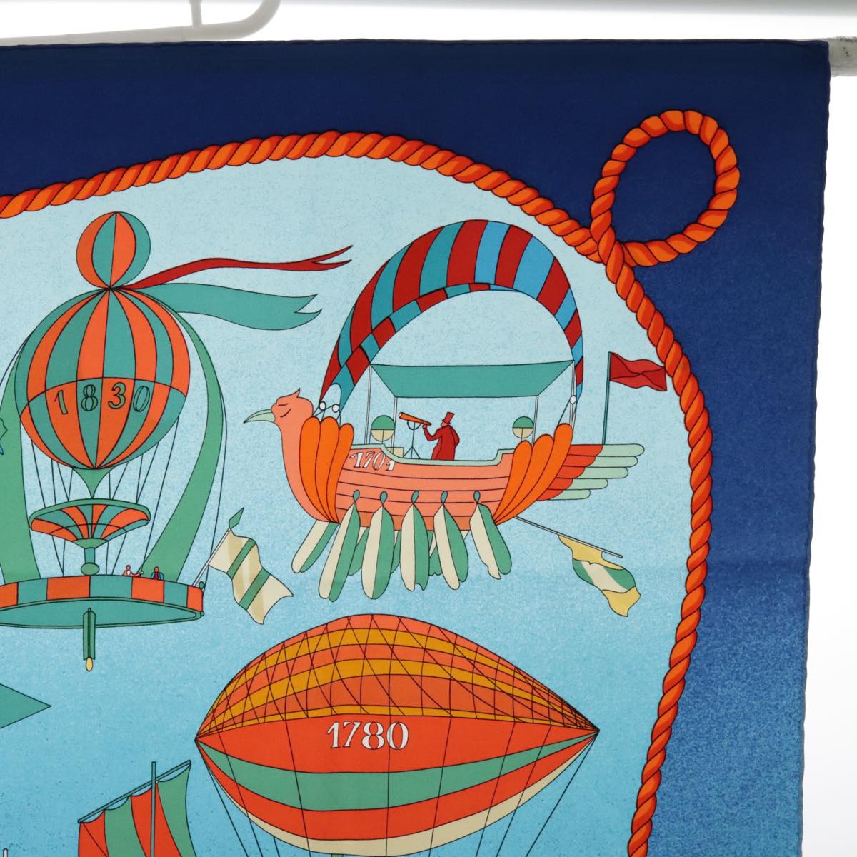 HERMES Carre 90 Scarf ""LES FOLIES DU CIEL"" Silk Blue Orange Auth bs18398