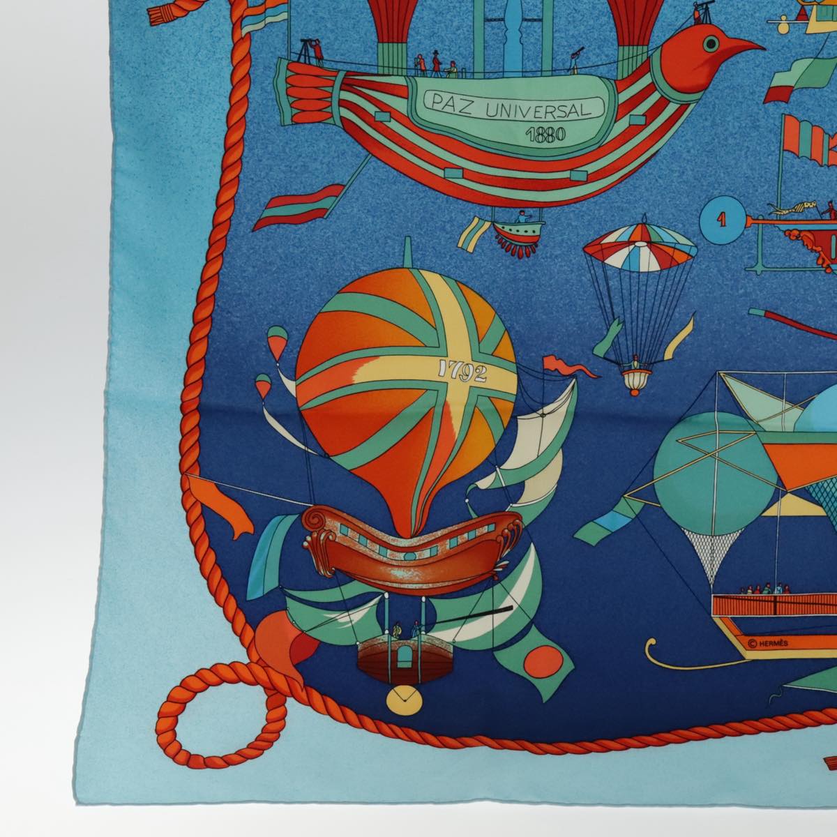 HERMES Carre 90 Scarf ""LES FOLIES DU CIEL"" Silk Blue Orange Auth bs18398