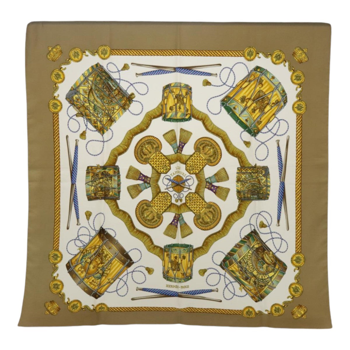 HERMES Carre 90 Scarf ""LES TAMBOURS"" Silk Beige White Auth bs18399