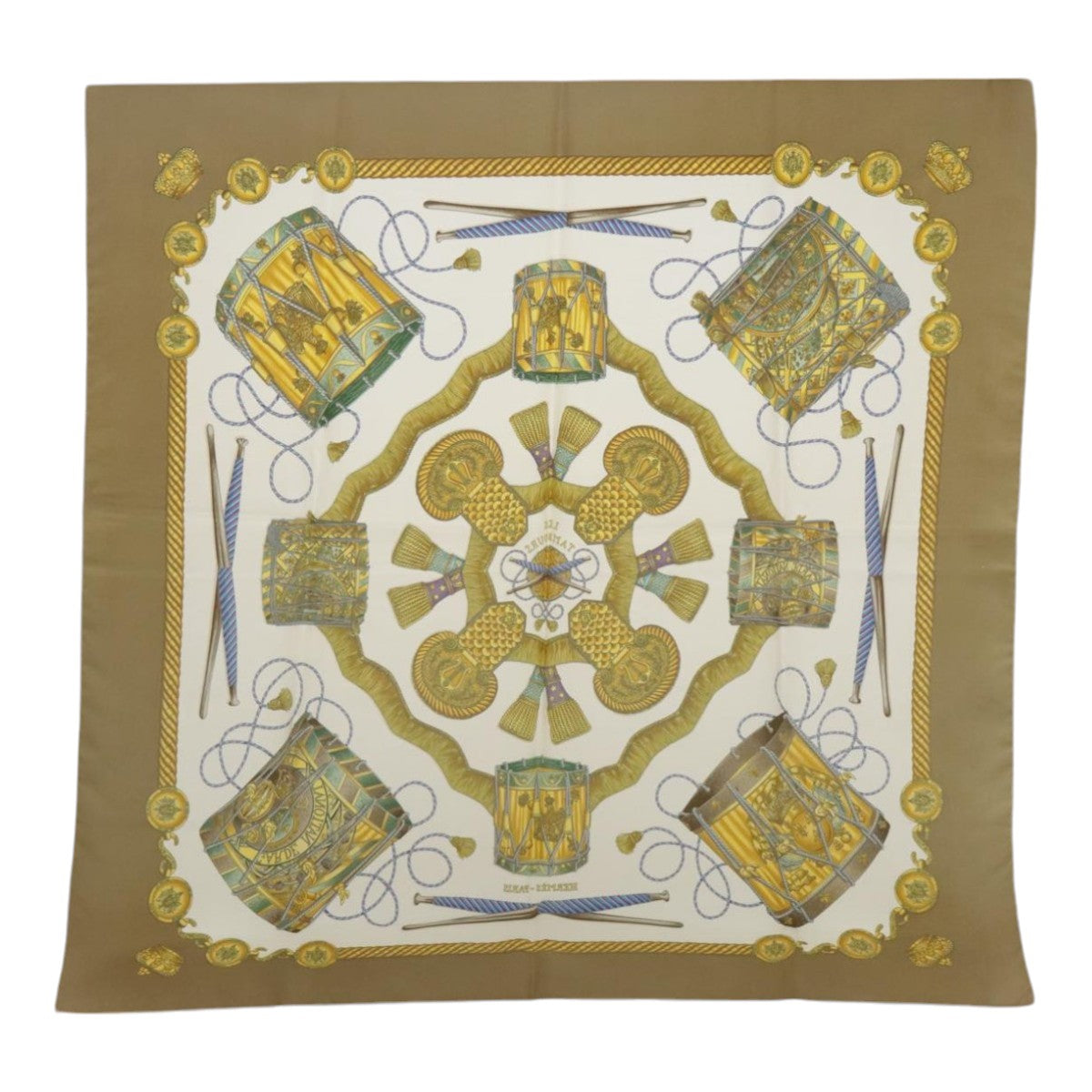 HERMES Carre 90 Scarf ""LES TAMBOURS"" Silk Beige White Auth bs18399