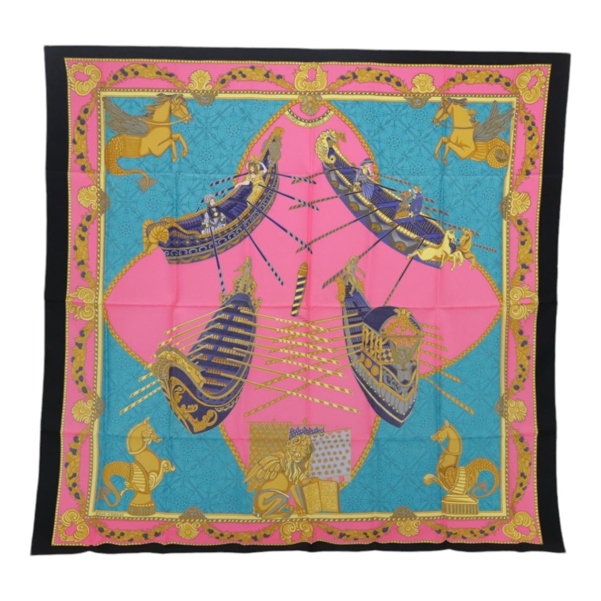 HERMES Carre 90 Scarf ""LES BISSONE DE VENISE"" Silk Blue Black Auth bs18401