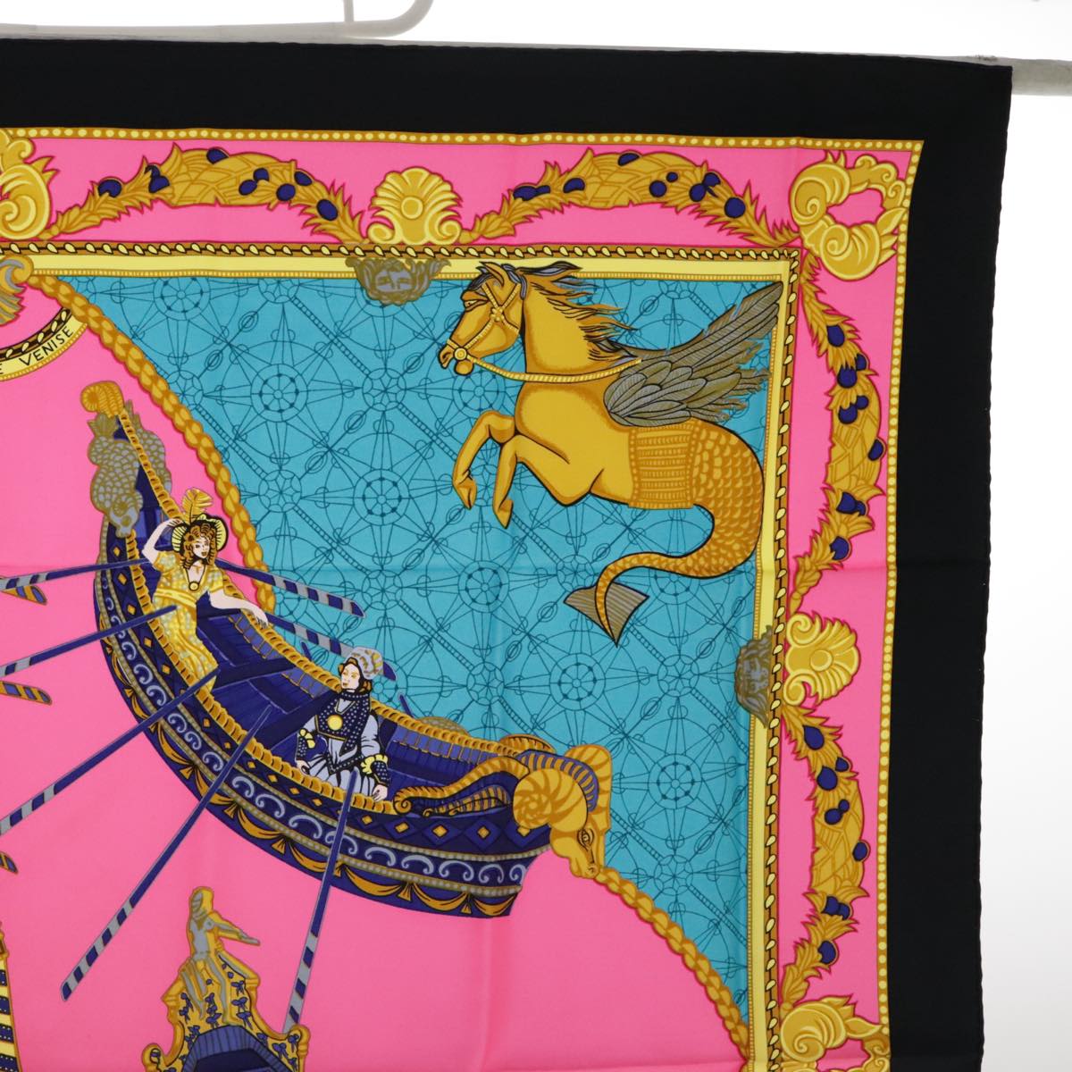 HERMES Carre 90 Scarf ""LES BISSONE DE VENISE"" Silk Blue Black Auth bs18401