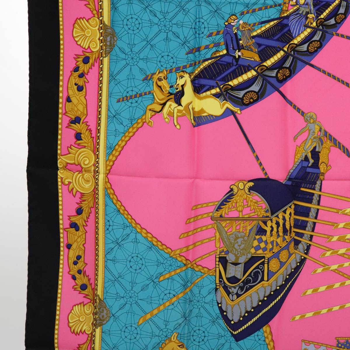 HERMES Carre 90 Scarf ""LES BISSONE DE VENISE"" Silk Blue Black Auth bs18401