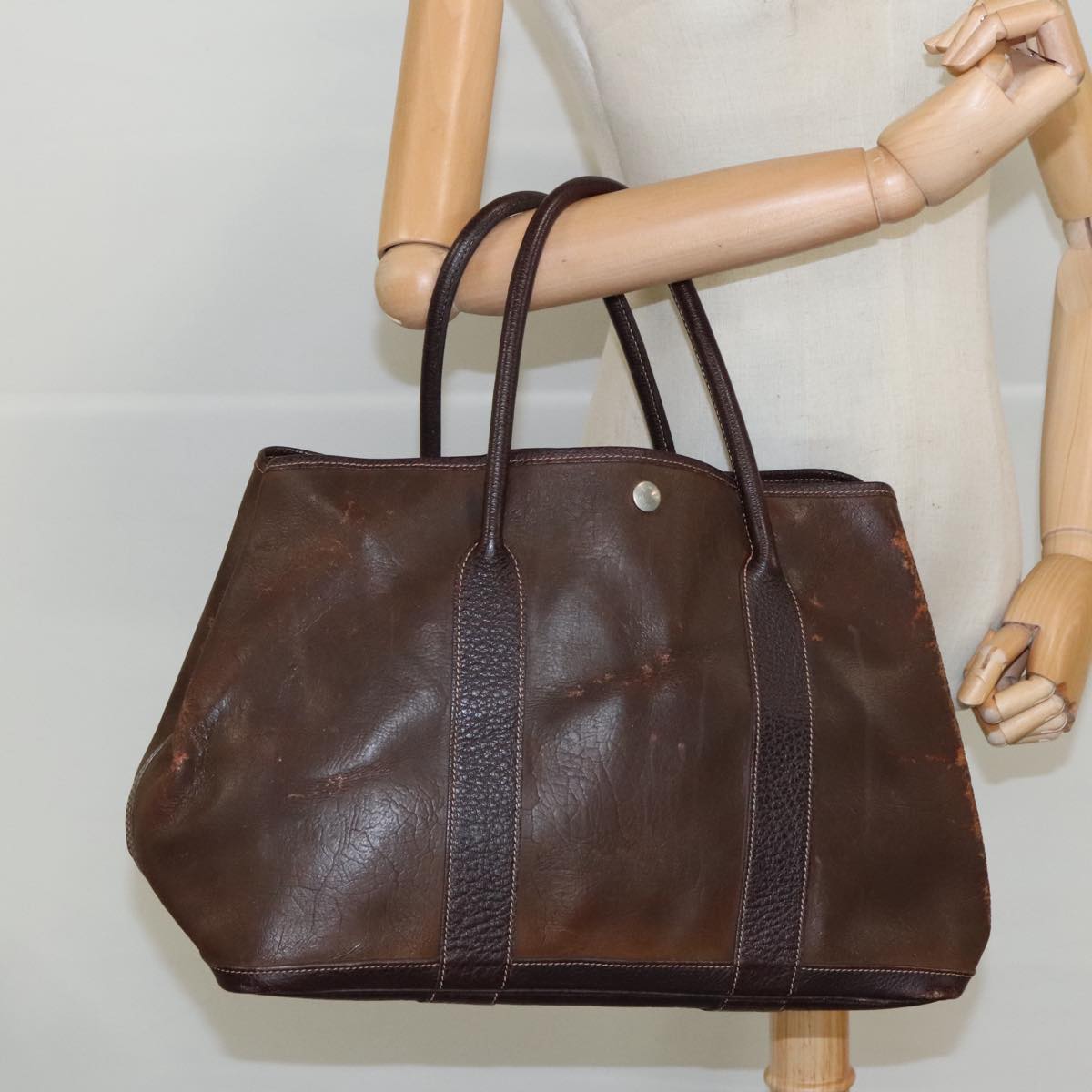 HERMES Garden Party PM Tote Bag Amazonia Brown Silver Auth bs18405