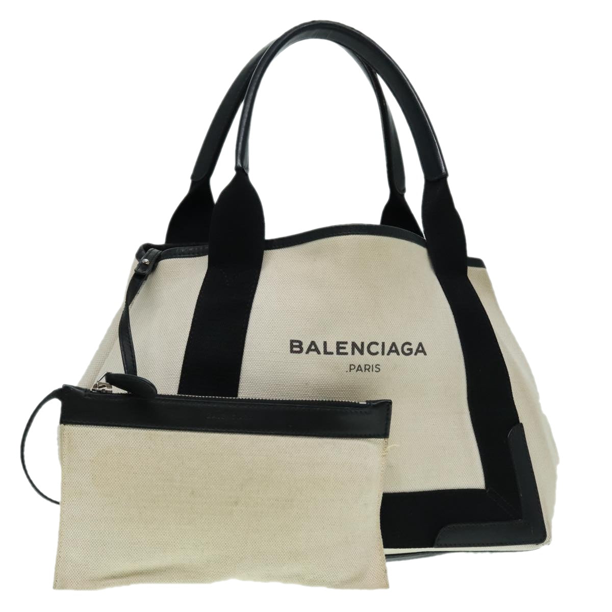 BALENCIAGA Navy Cabas S Hand Bag Canvas Silver Beige black 339933 Auth bs18436