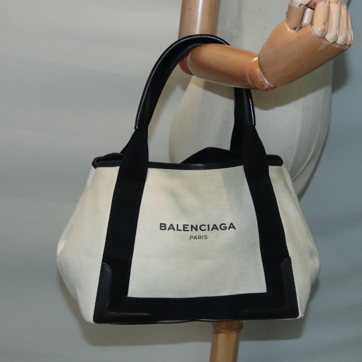 BALENCIAGA Navy Cabas S Hand Bag Canvas Silver Beige black 339933 Auth bs18436