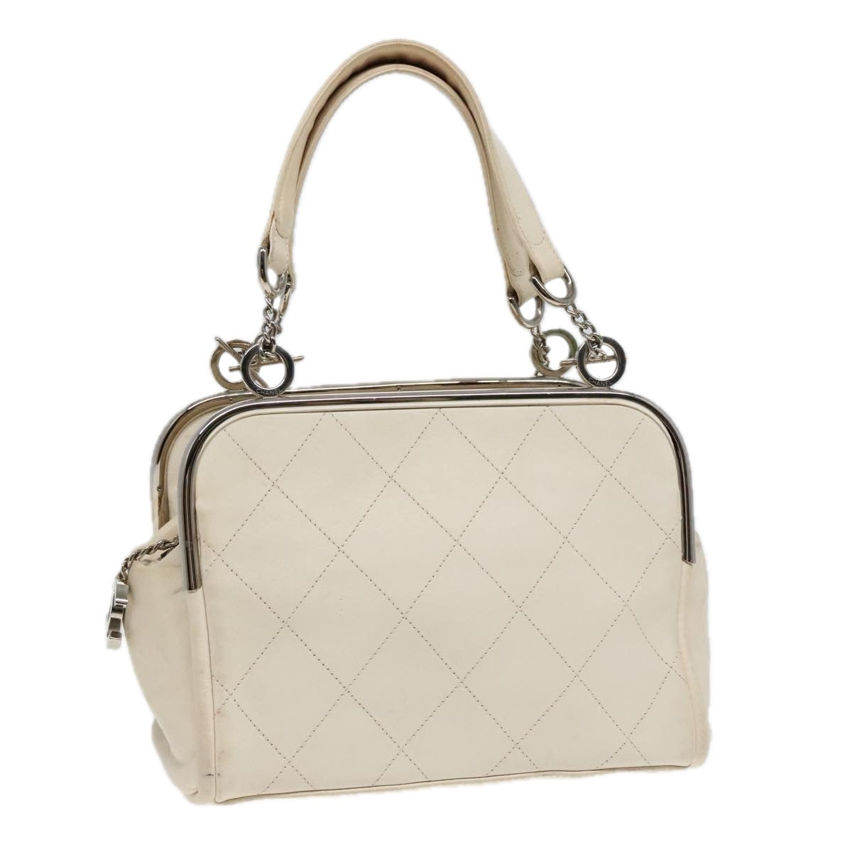 CHANEL Matelasse Hand Bag Leather White Silver CC Auth bs18457