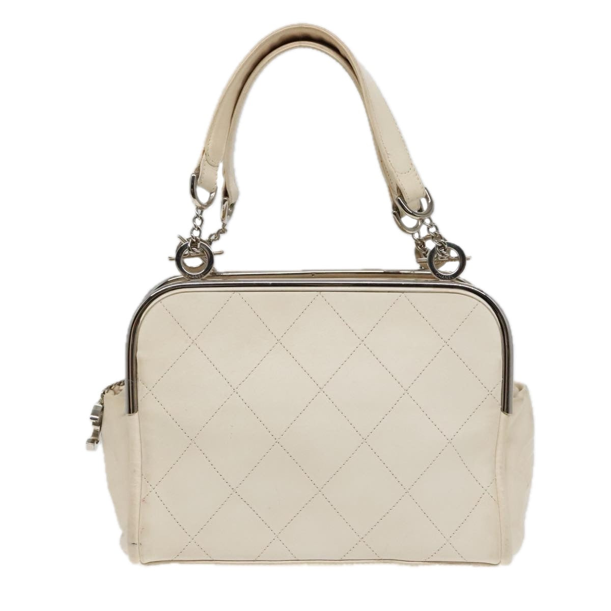 CHANEL Matelasse Hand Bag Leather White Silver CC Auth bs18457