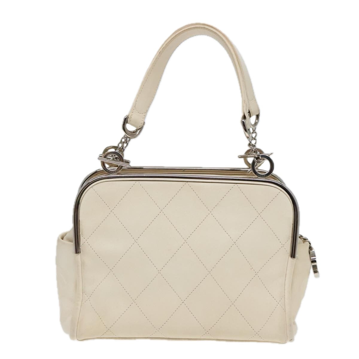 CHANEL Matelasse Hand Bag Leather White Silver CC Auth bs18457