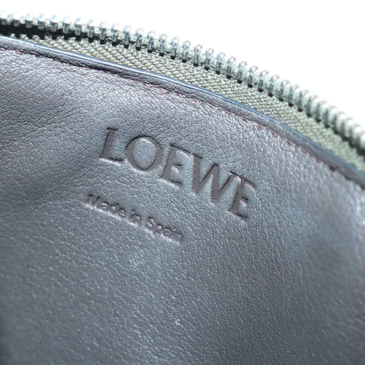 LOEWE Anagram Coin Purse Leather Khaki Silver Auth bs18477