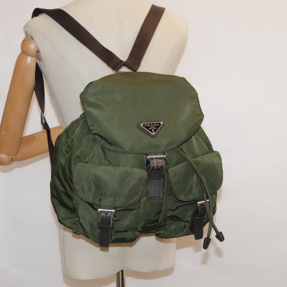 PRADA Backpack Nylon Khaki Silver Auth bs18503