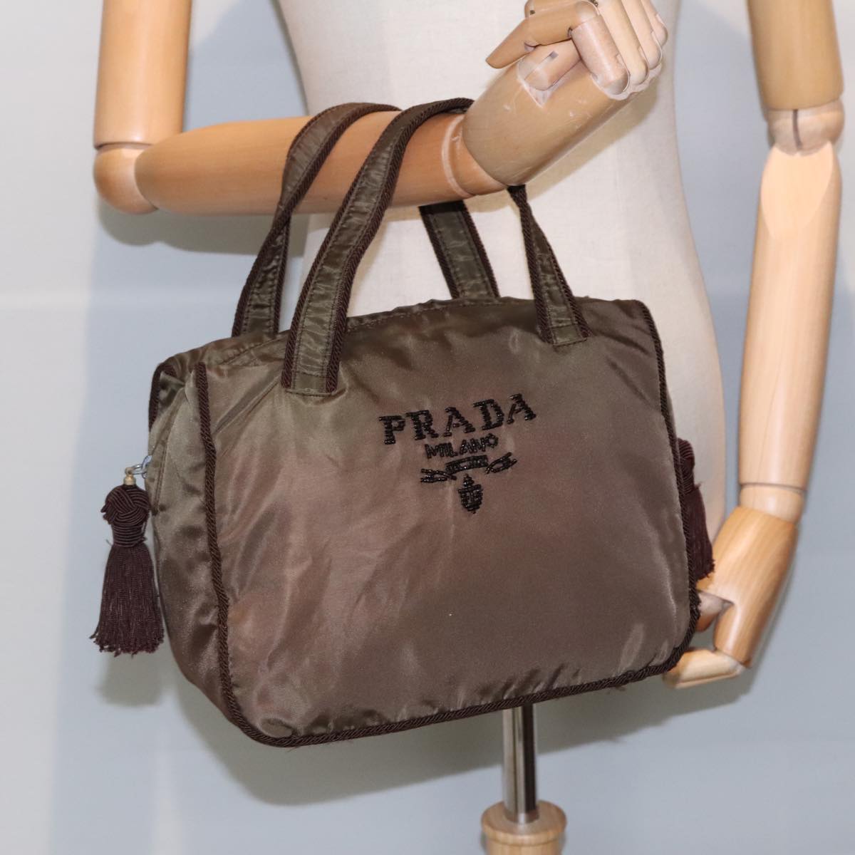 PRADA Hand Bag Nylon Silver Brown Auth bs18506