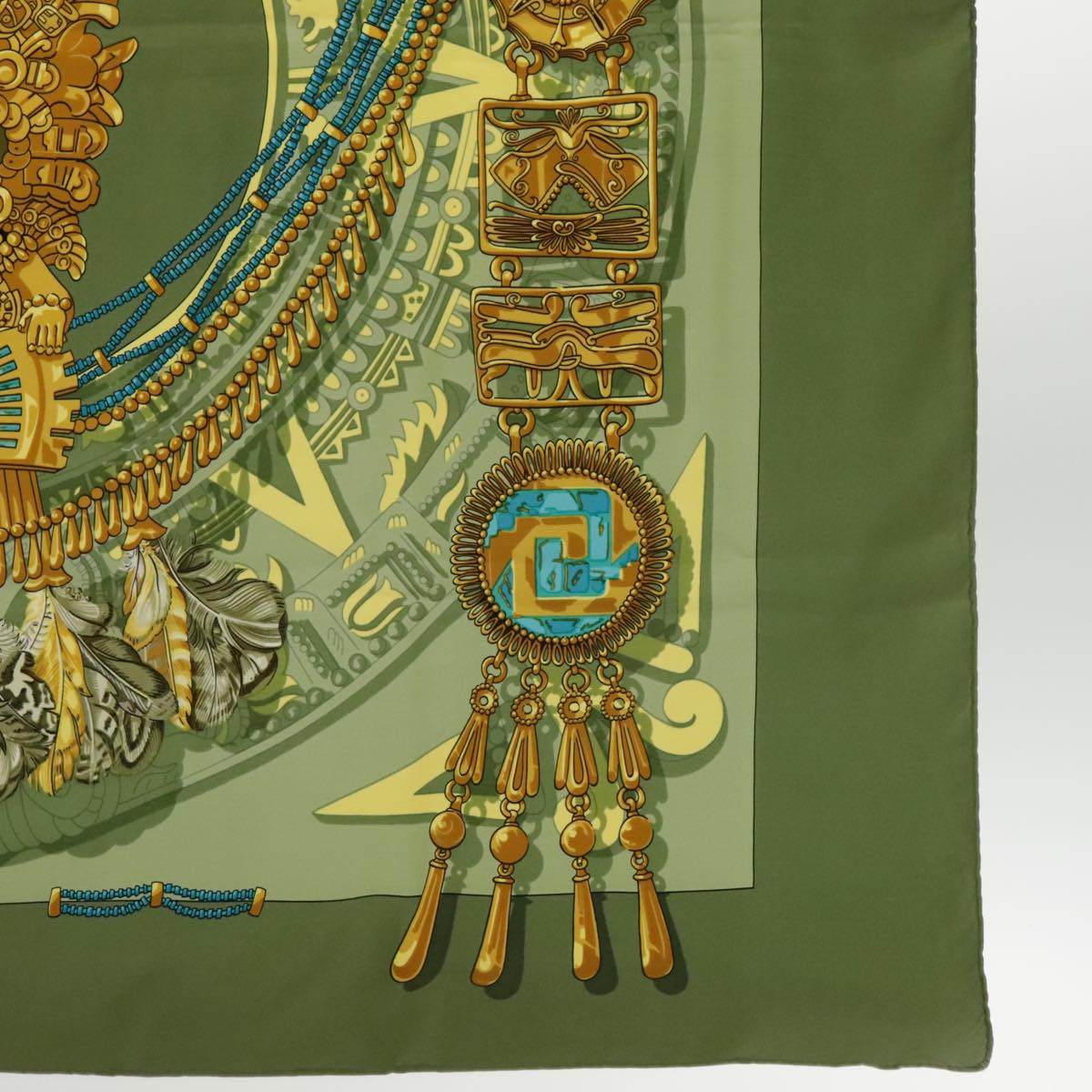 HERMES Carre 90 Scarf ""mexique"" Silk Green Yellow Auth bs18521