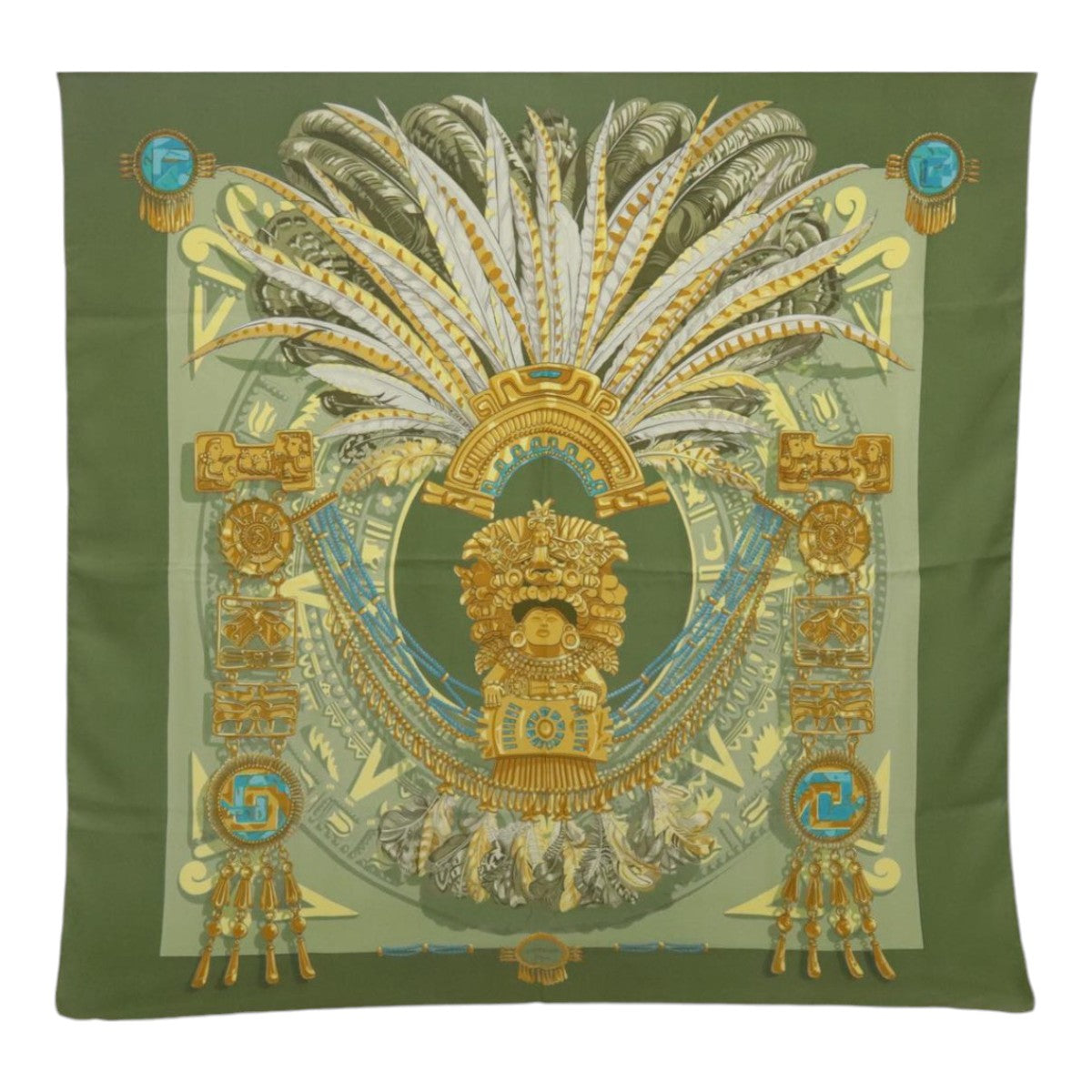 HERMES Carre 90 Scarf ""mexique"" Silk Green Yellow Auth bs18521