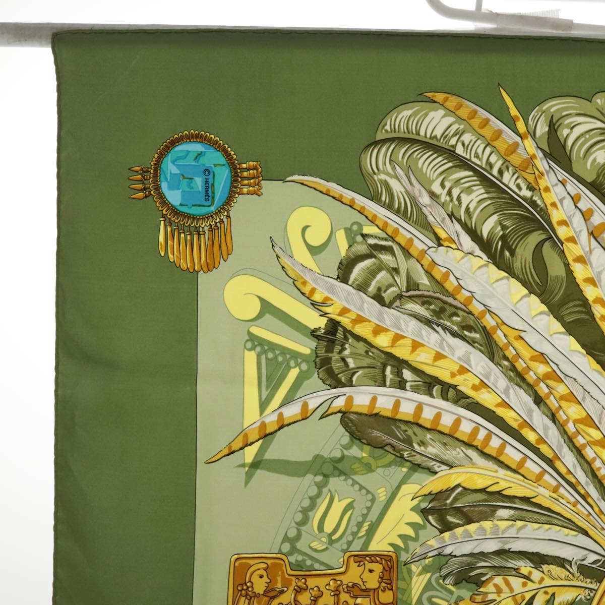 HERMES Carre 90 Scarf ""mexique"" Silk Green Yellow Auth bs18521