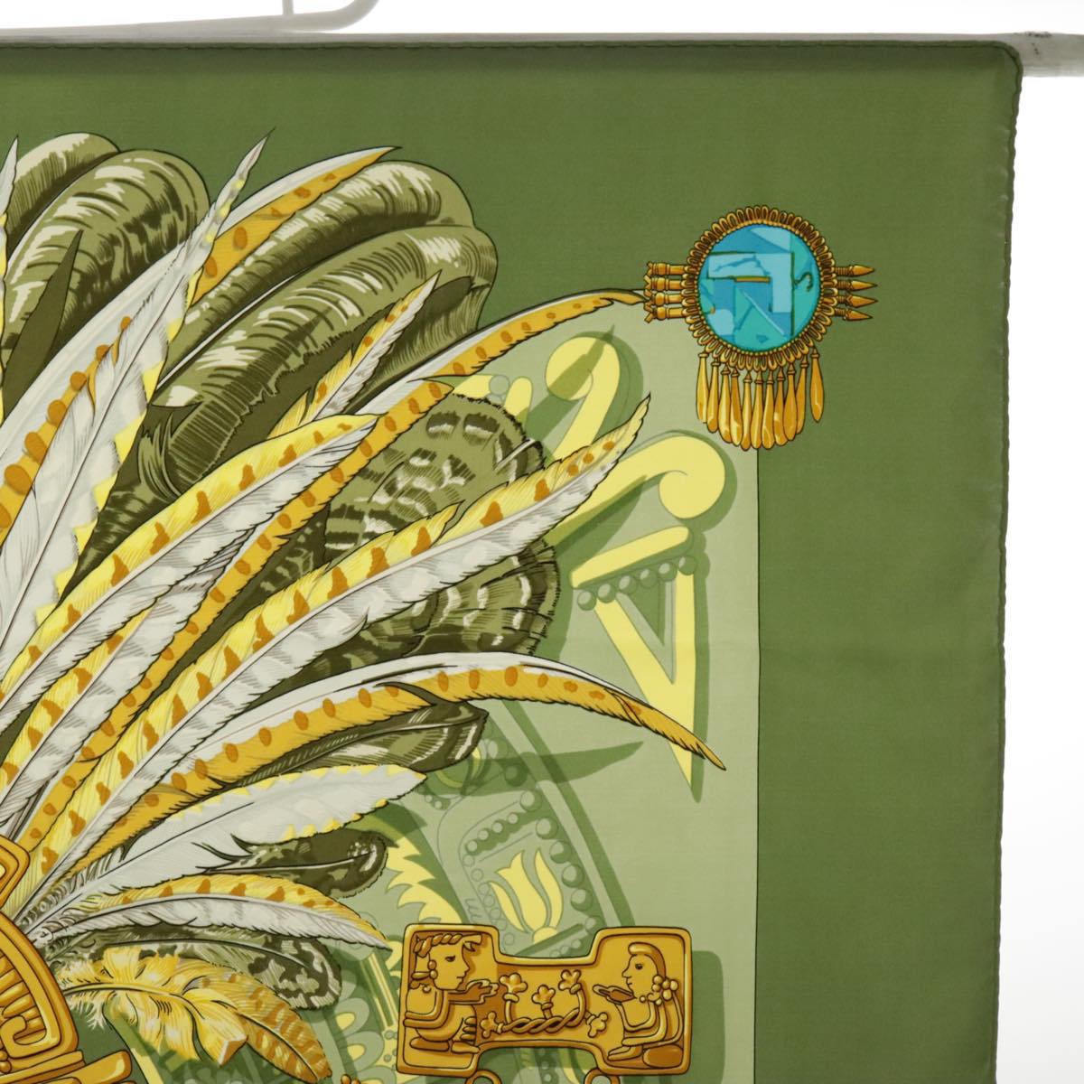 HERMES Carre 90 Scarf ""mexique"" Silk Green Yellow Auth bs18521