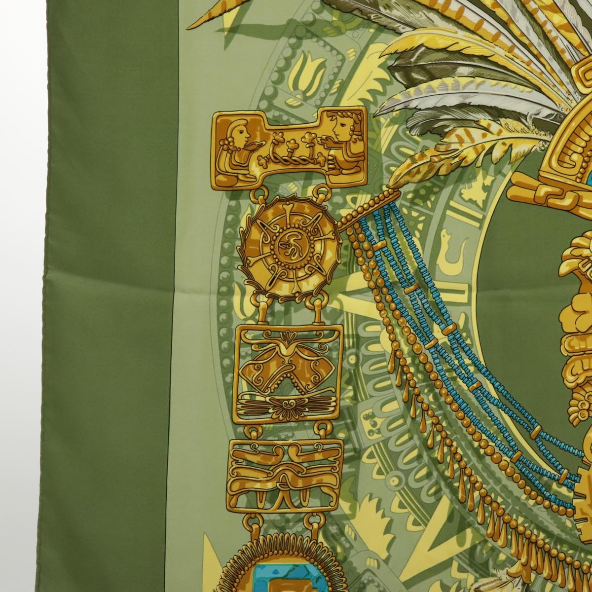 HERMES Carre 90 Scarf ""mexique"" Silk Green Yellow Auth bs18521