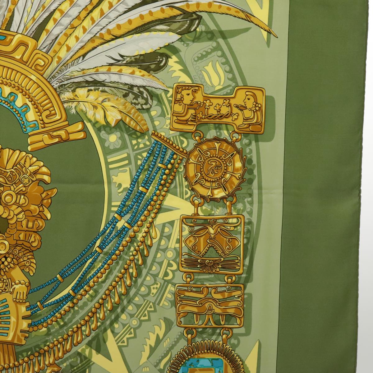 HERMES Carre 90 Scarf ""mexique"" Silk Green Yellow Auth bs18521