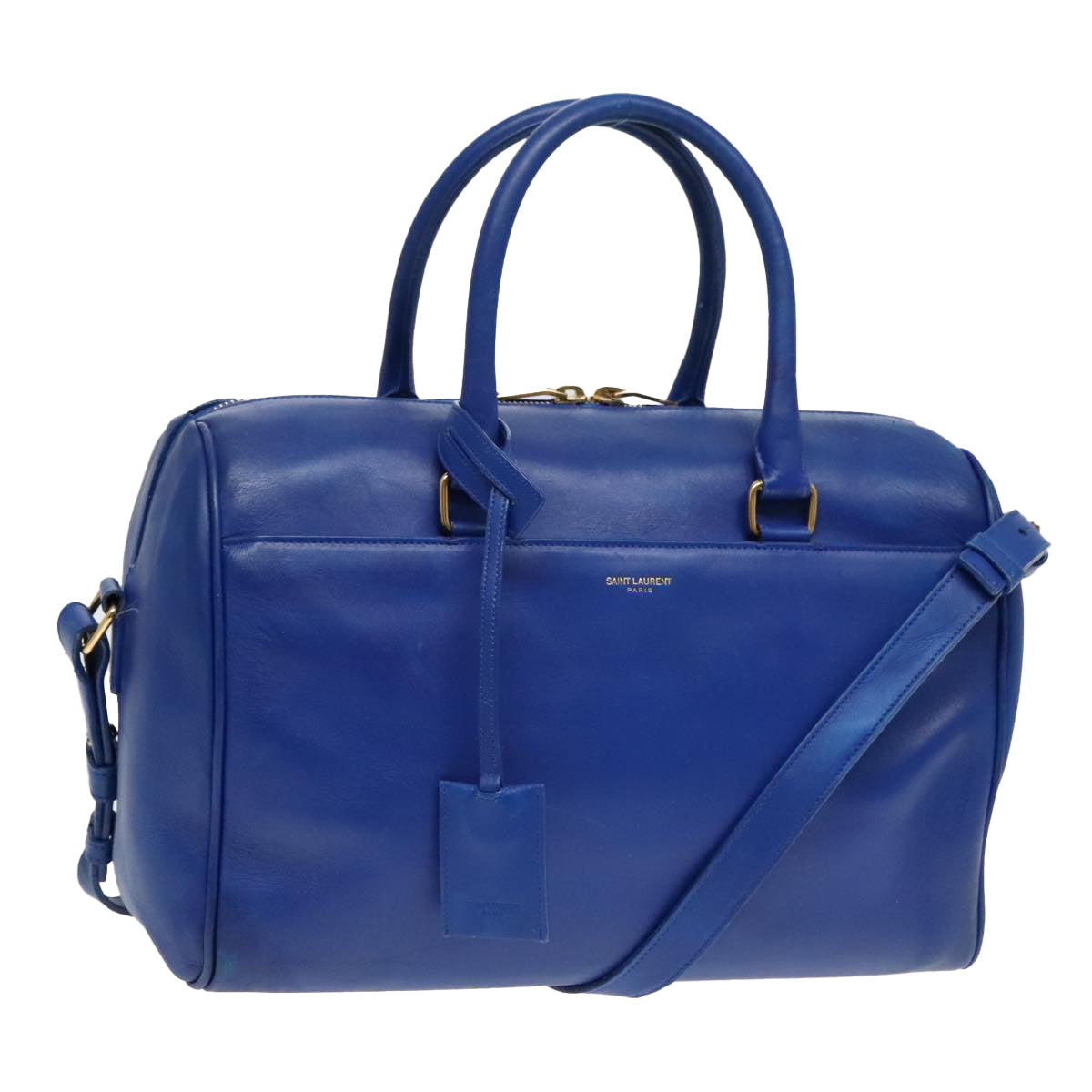 SAINT LAURENT Classic Duffel Bag Hand Bag Leather 2way Blue Gold Auth bs18527