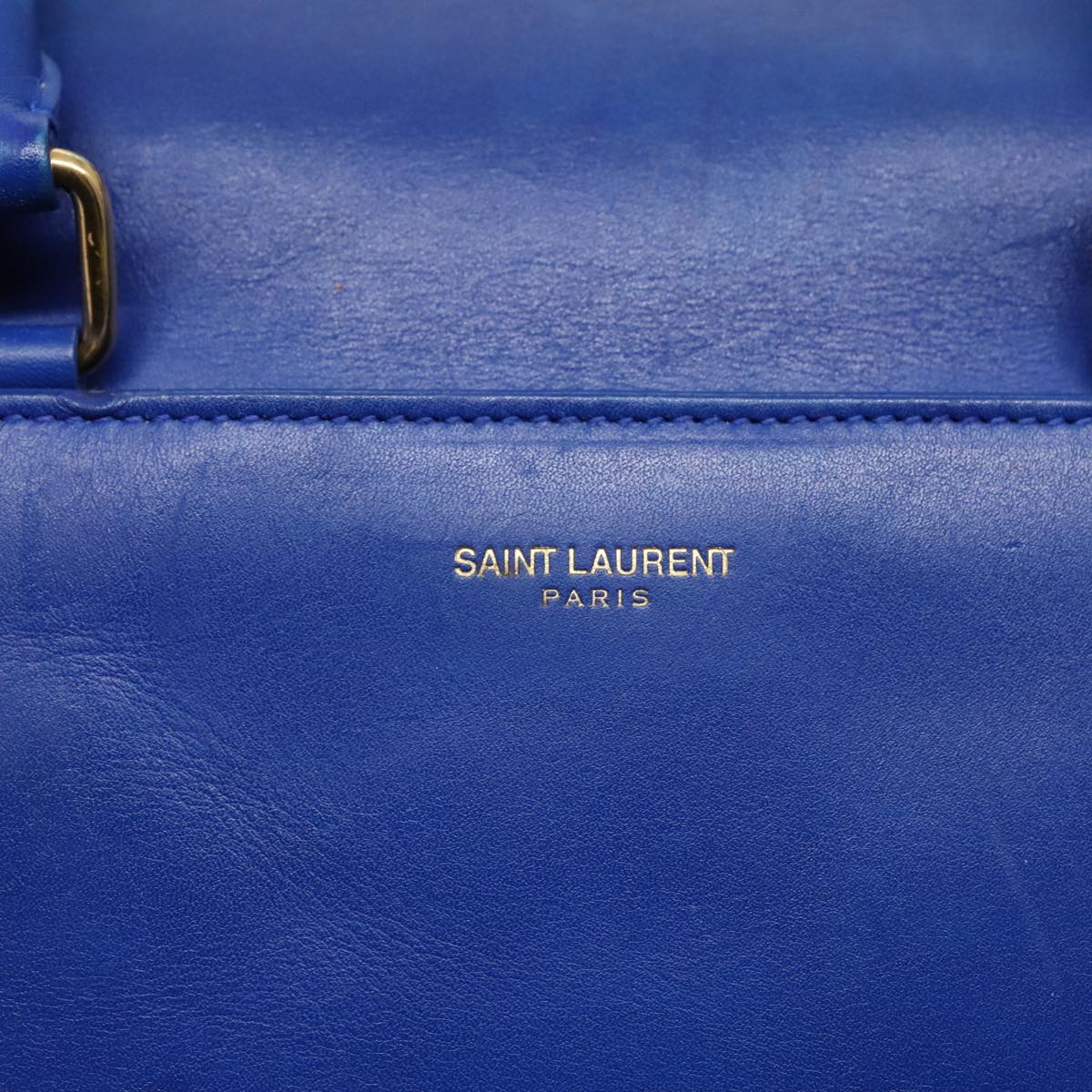 SAINT LAURENT Classic Duffel Bag Hand Bag Leather 2way Blue Gold Auth bs18527