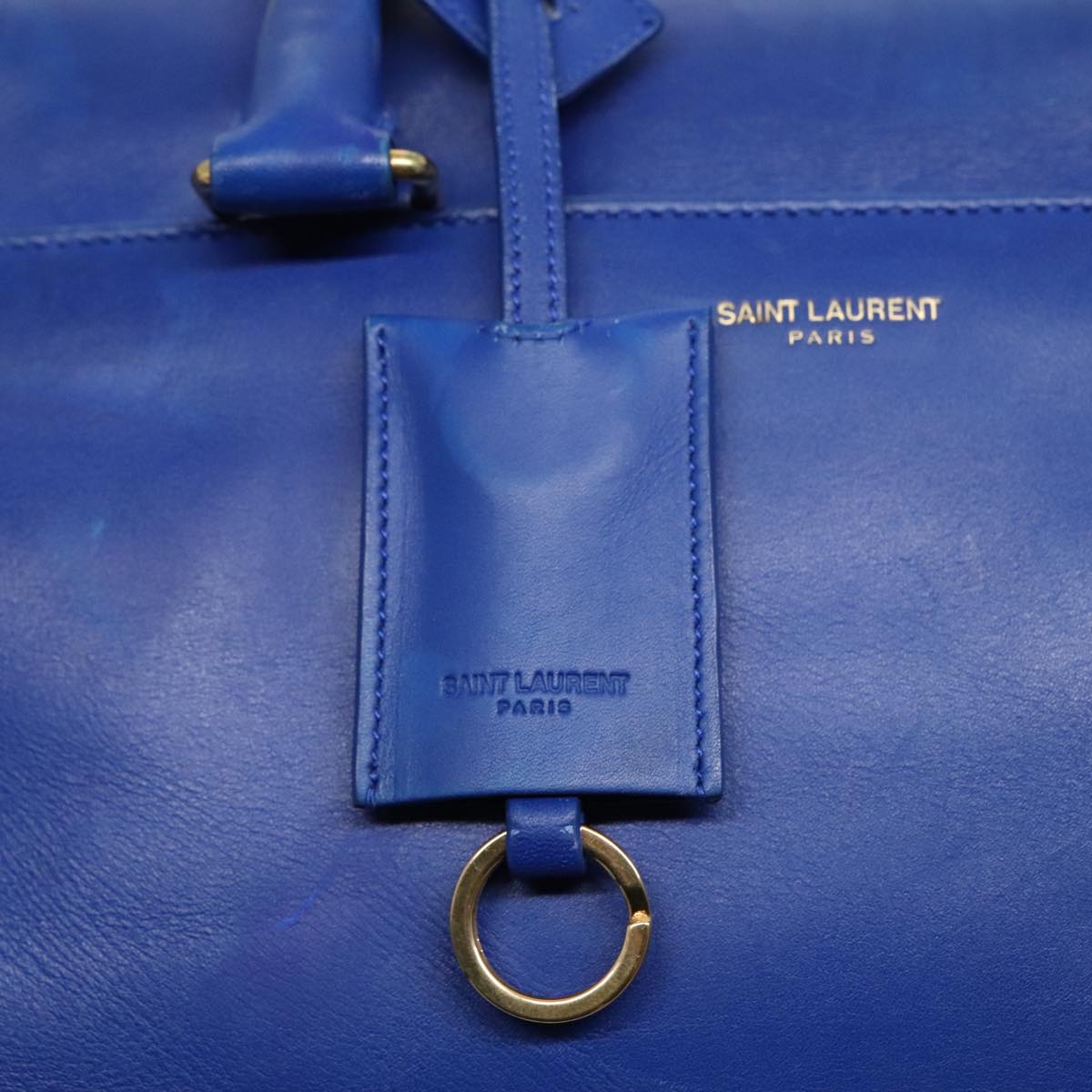 SAINT LAURENT Classic Duffel Bag Hand Bag Leather 2way Blue Gold Auth bs18527