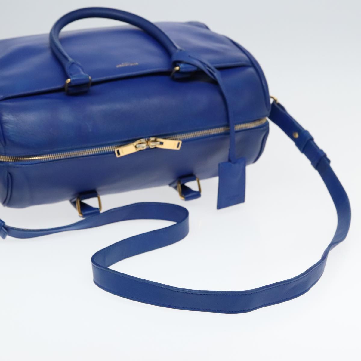 SAINT LAURENT Classic Duffel Bag Hand Bag Leather 2way Blue Gold Auth bs18527