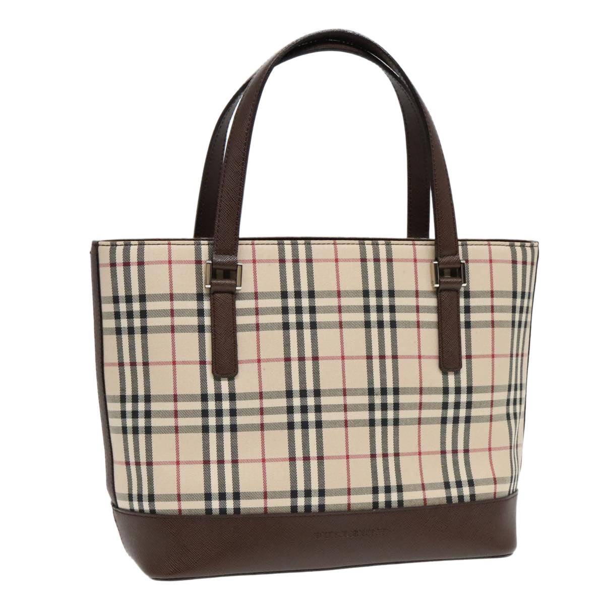 BURBERRY Nova Check Hand Bag Canvas Leather Beige Silver Auth bs18554