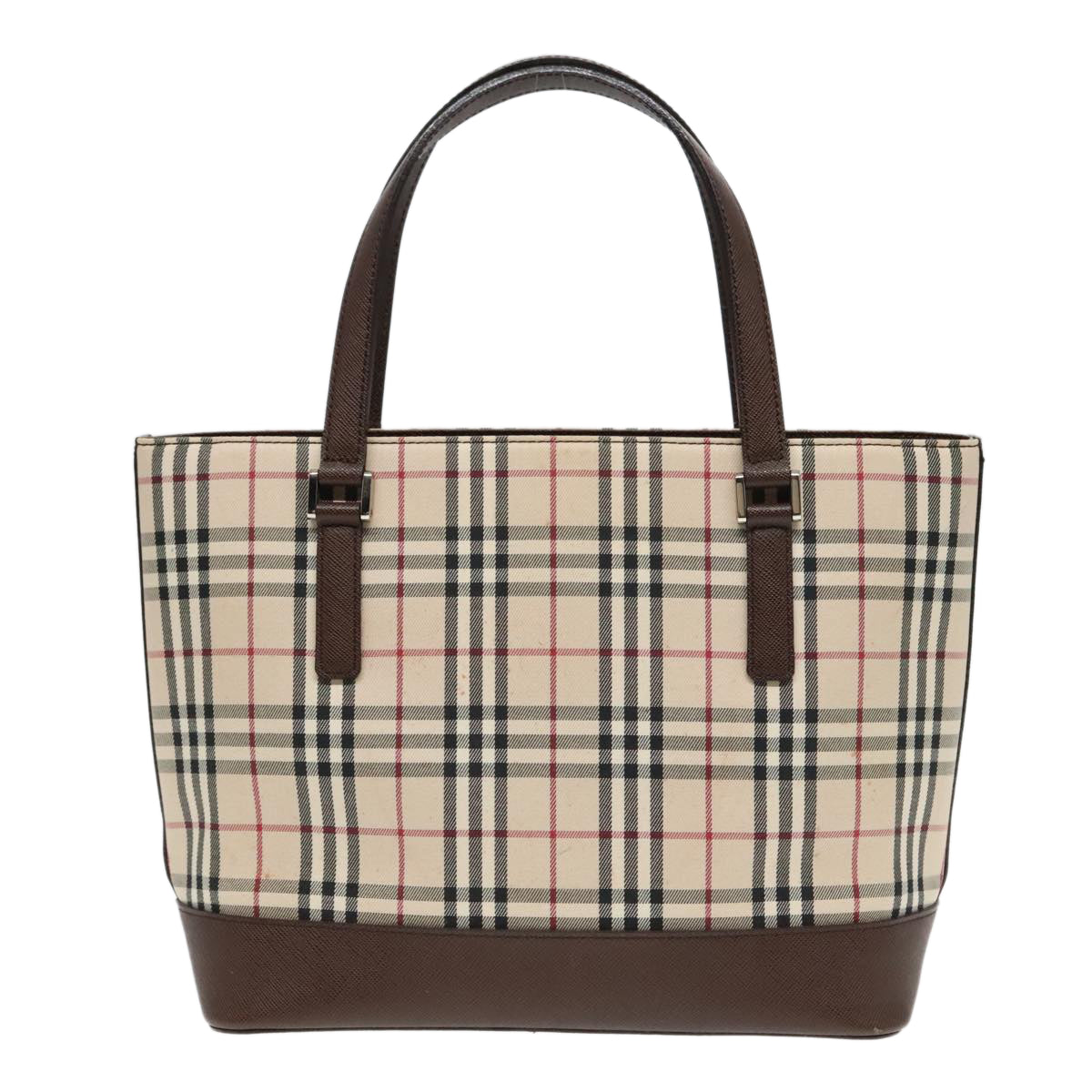 BURBERRY Nova Check Hand Bag Canvas Leather Beige Silver Auth bs18554