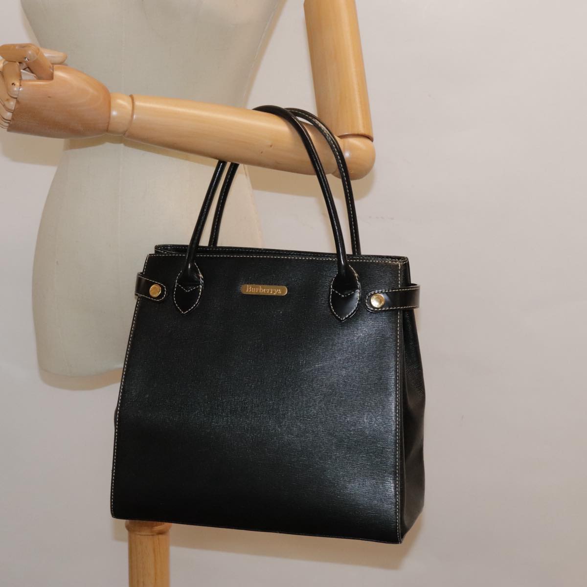 Burberrys Hand Bag Leather Black Gold Auth bs18555