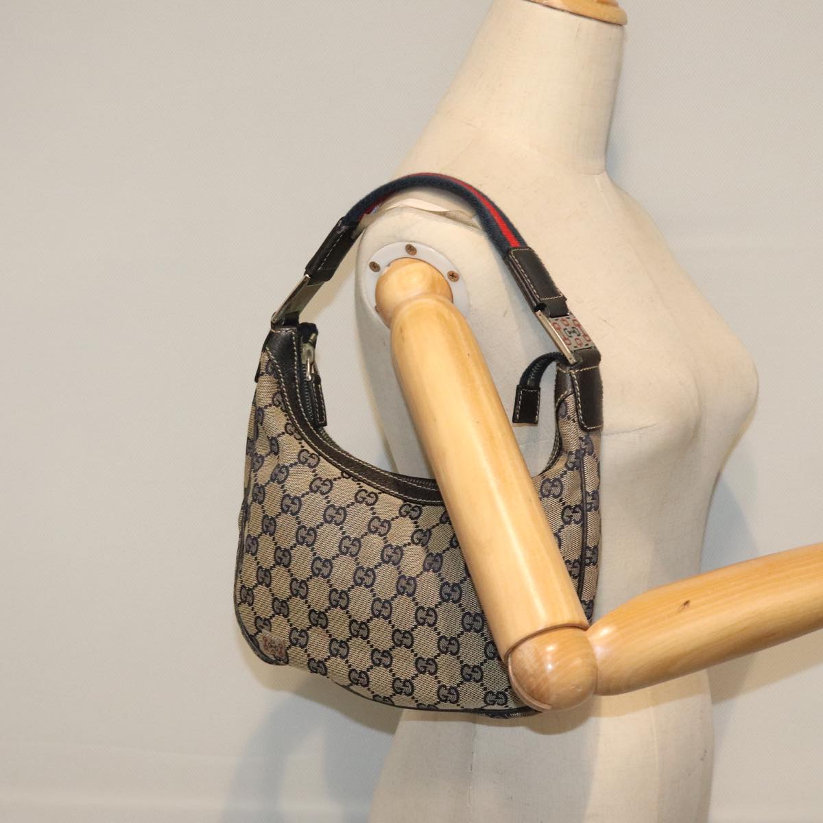 GUCCI GG Canvas Sherry Line Hand Bag Navy Silver Red 145811 Auth bs18558