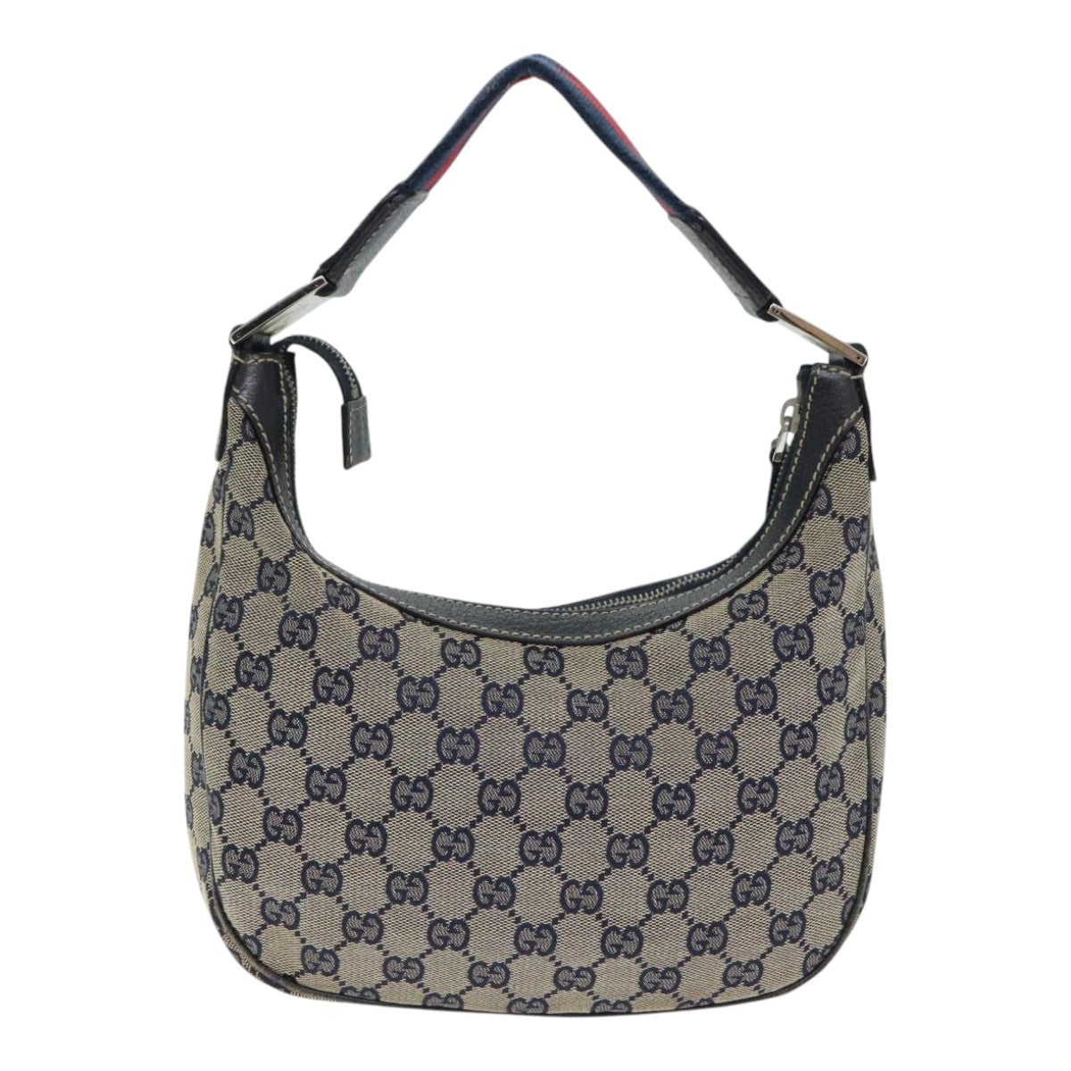 GUCCI GG Canvas Sherry Line Hand Bag Navy Silver Red 145811 Auth bs18558