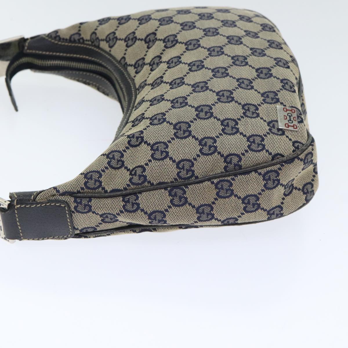 GUCCI GG Canvas Sherry Line Hand Bag Navy Silver Red 145811 Auth bs18558