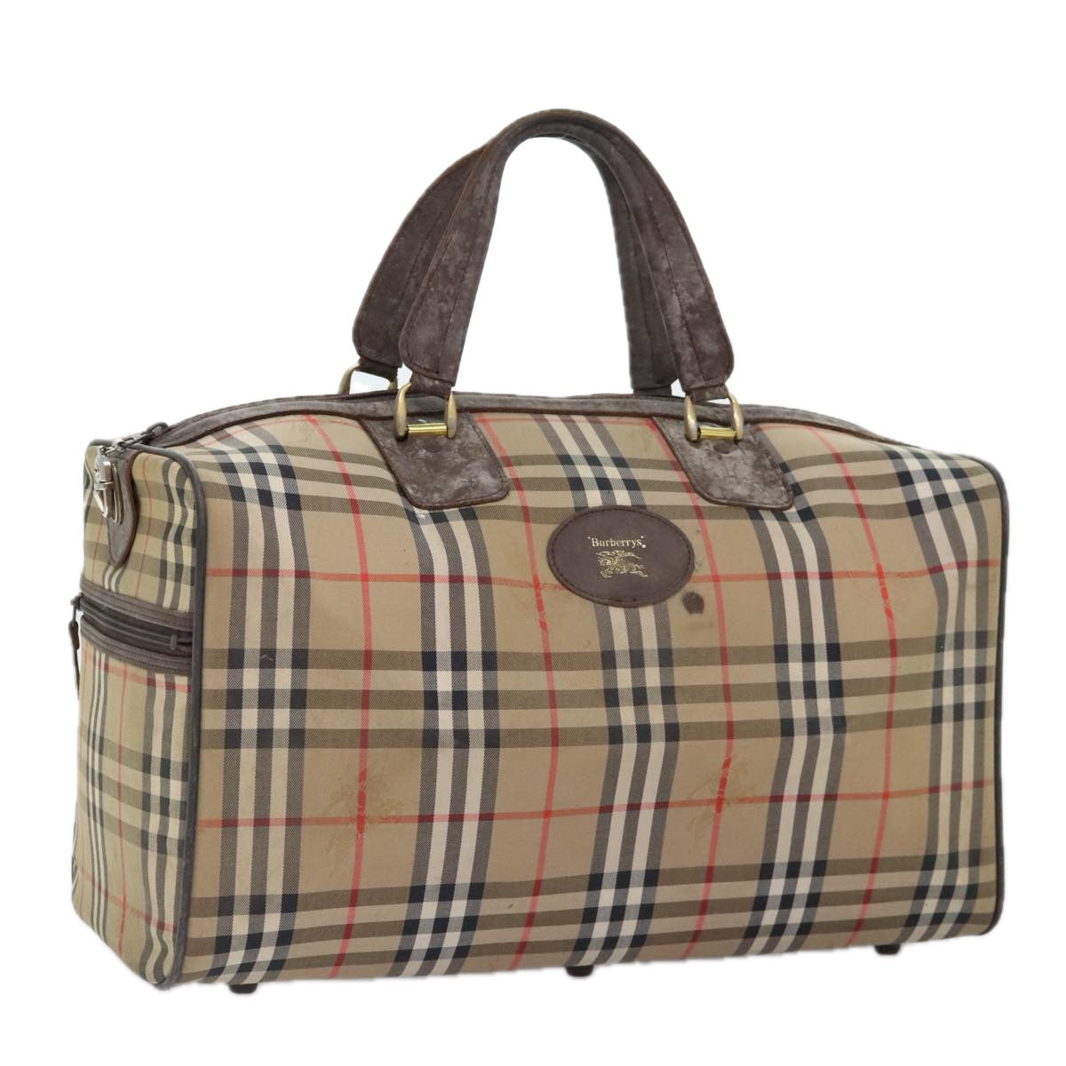 Burberrys Nova Check Boston Bag Canvas Beige Auth bs18570