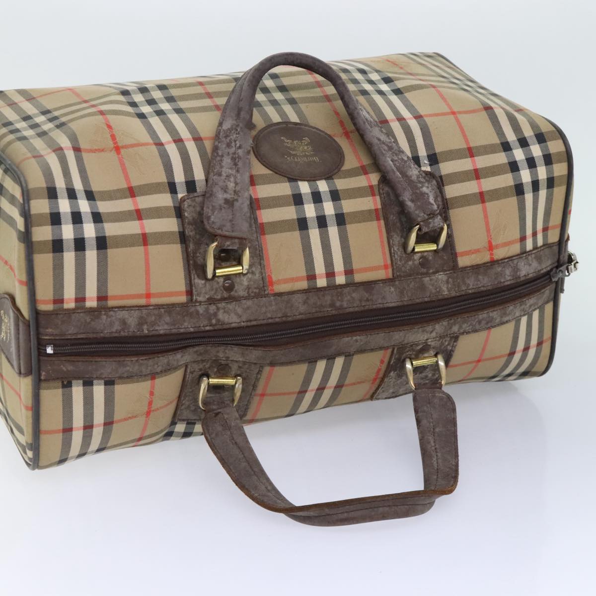 Burberrys Nova Check Boston Bag Canvas Beige Auth bs18570