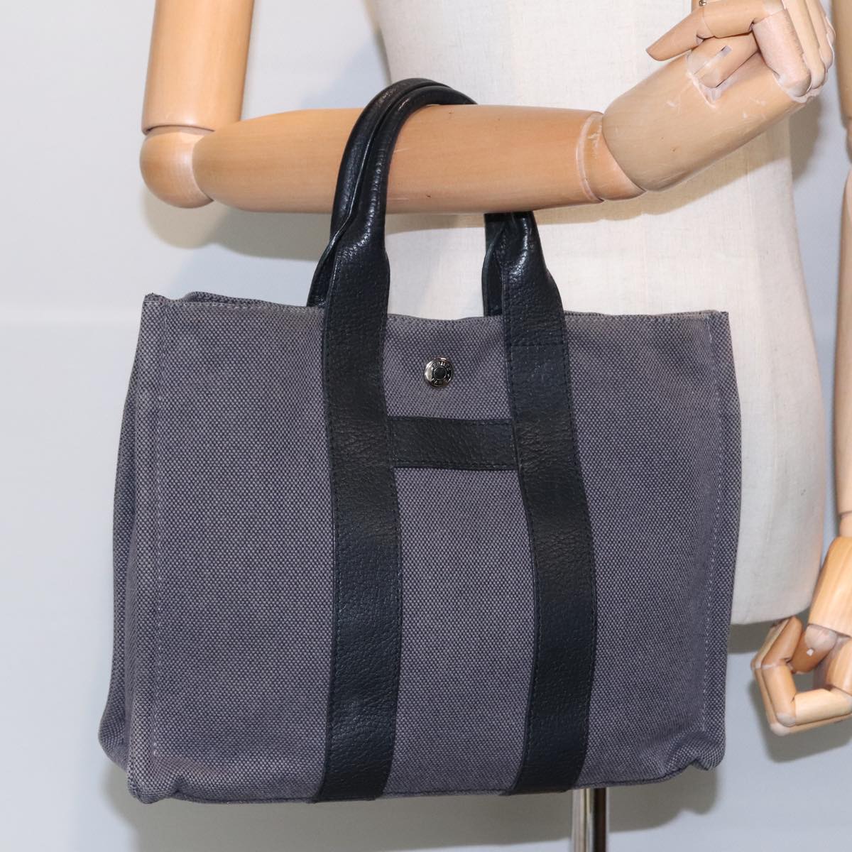 HERMES Sac Arne PM Hand Bag Canvas Gray Silver Auth bs18606