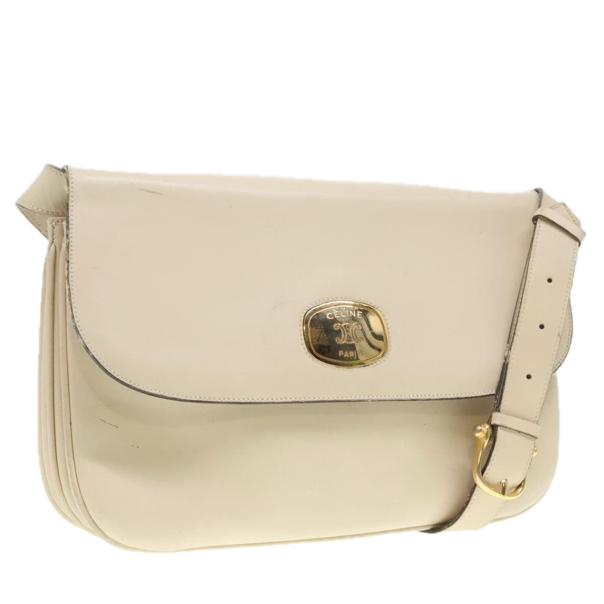 CELINE Shoulder Bag Leather Beige Gold Auth bs18616