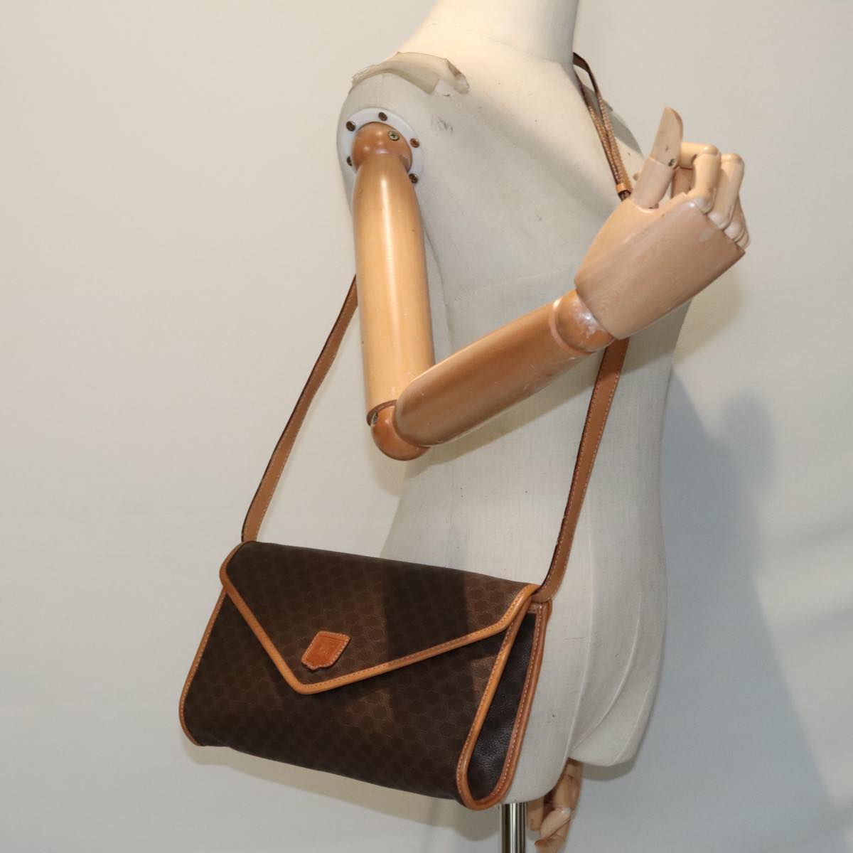 CELINE Macadam Canvas Shoulder Bag PVC Leather Brown Gold Auth bs18617