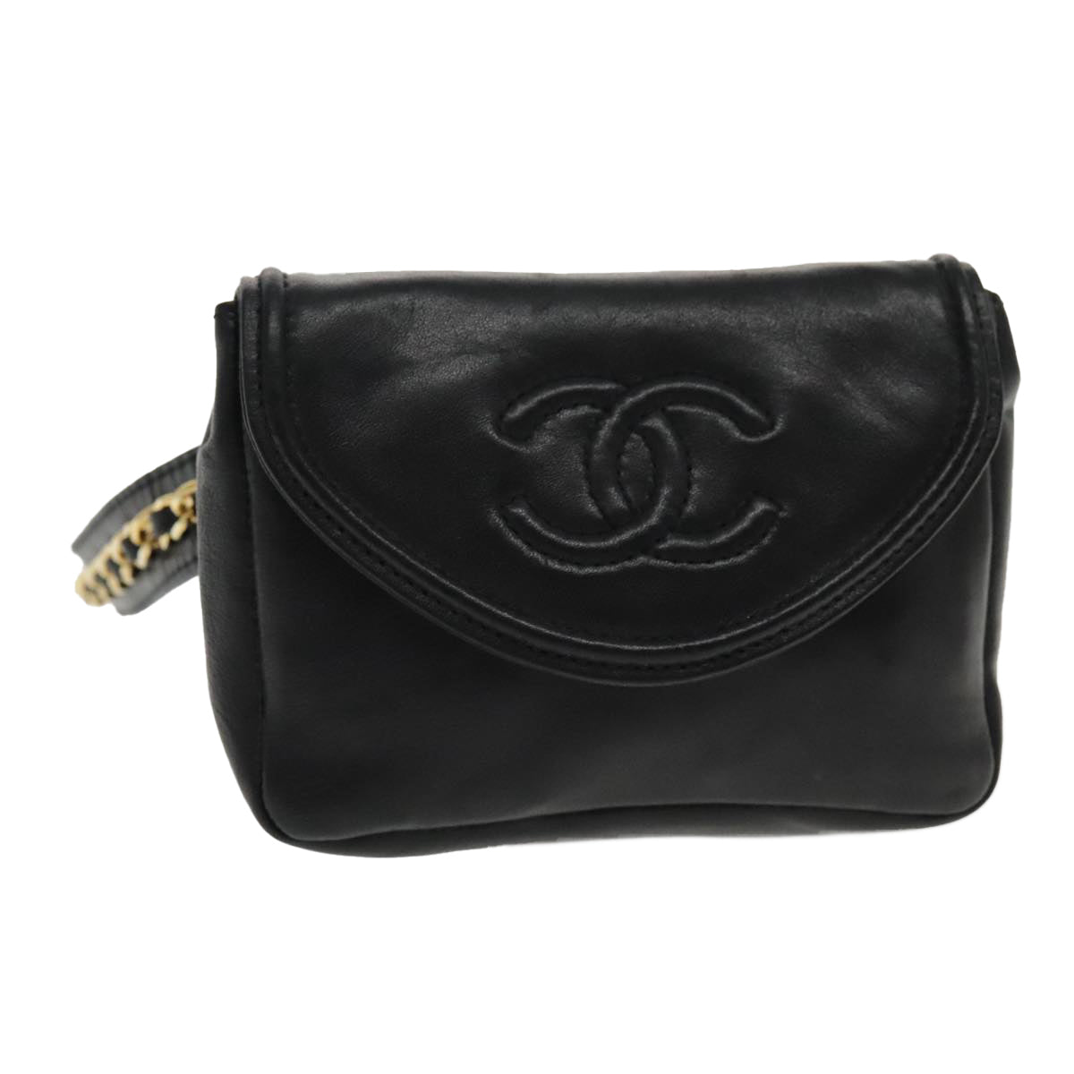 CHANEL COCO Mark Chain Waist bag Lamb Skin Black Gold CC Auth bs18653