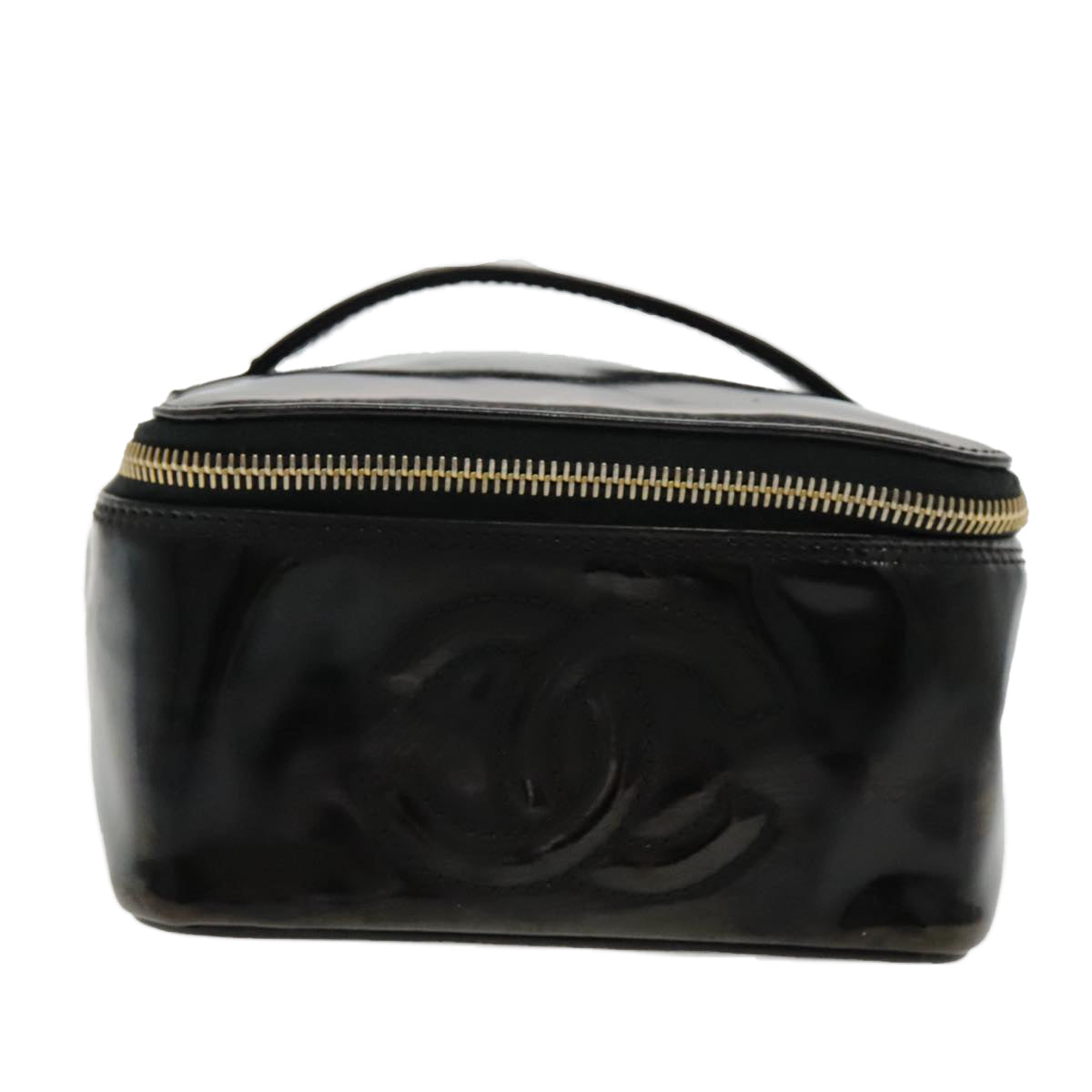 CHANEL Vanity Cosmetic Pouch Patent leather Black Gold CC Auth bs18658