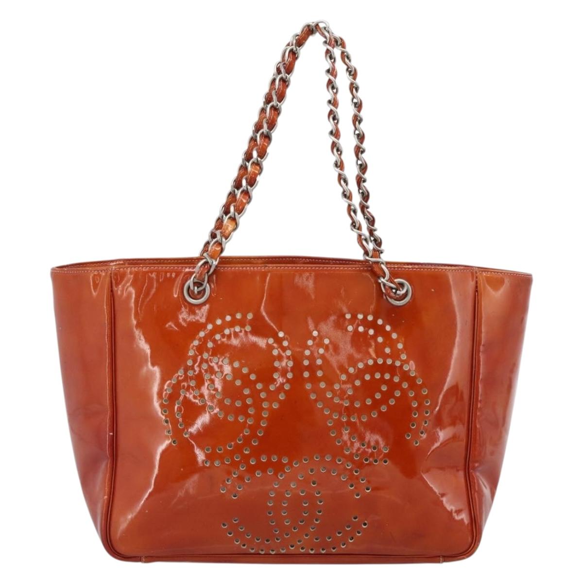 CHANEL Triple Coco Chain Tote Bag Patent leather Orange Silver CC Auth bs18659