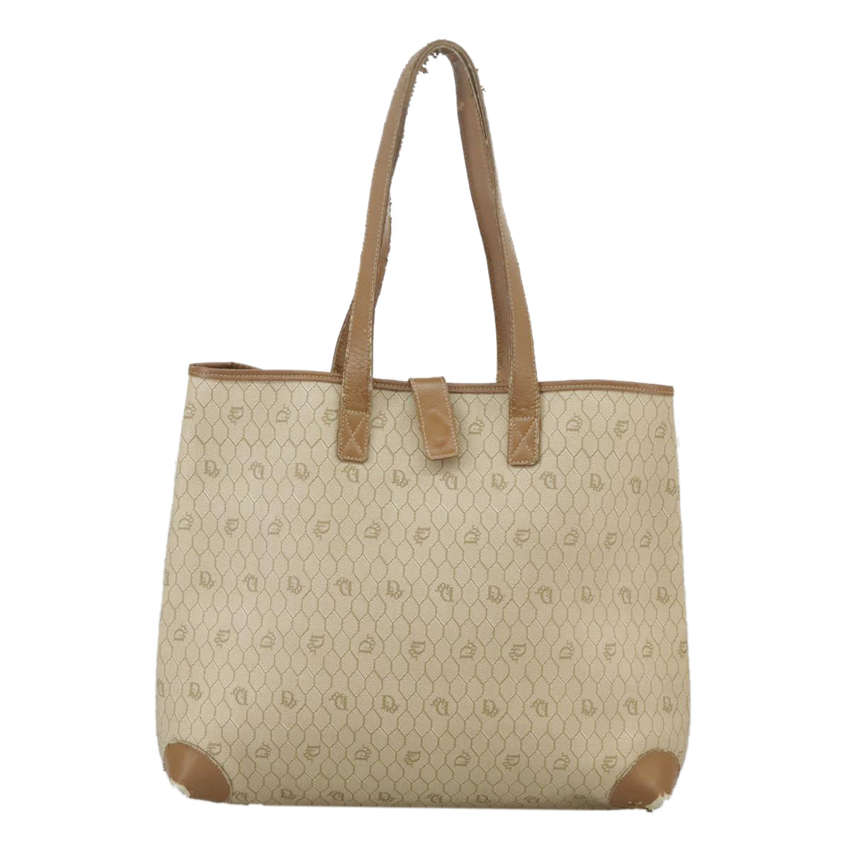 Christian Dior Honeycomb Canvas Tote Bag PVC Leather Beige Gold Auth bs18674