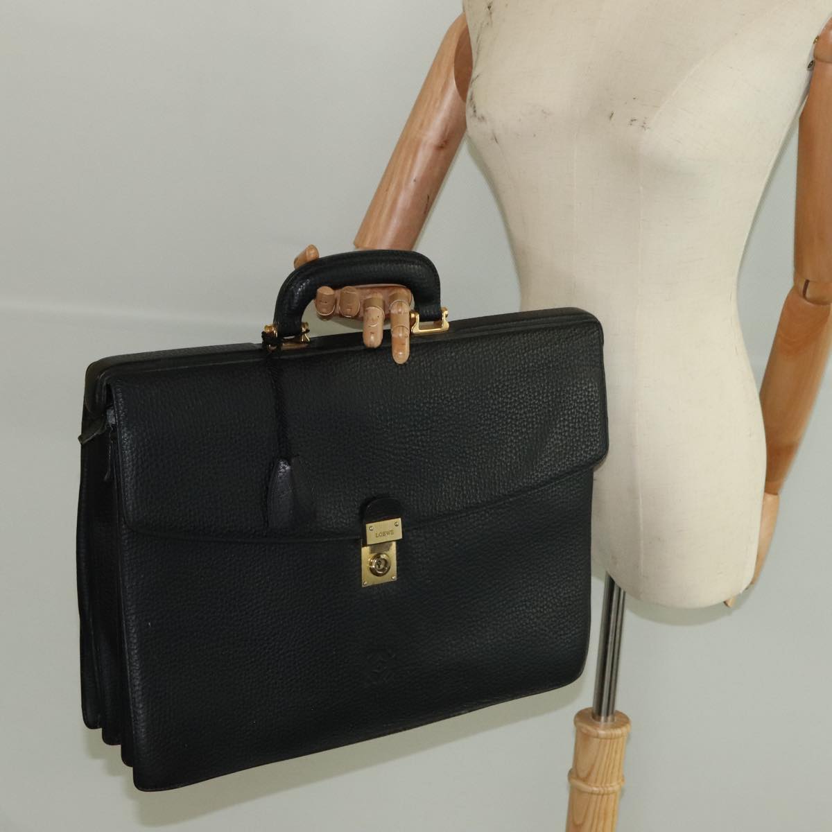 LOEWE Anagram Business Bag Leather Black Gold Auth bs18692