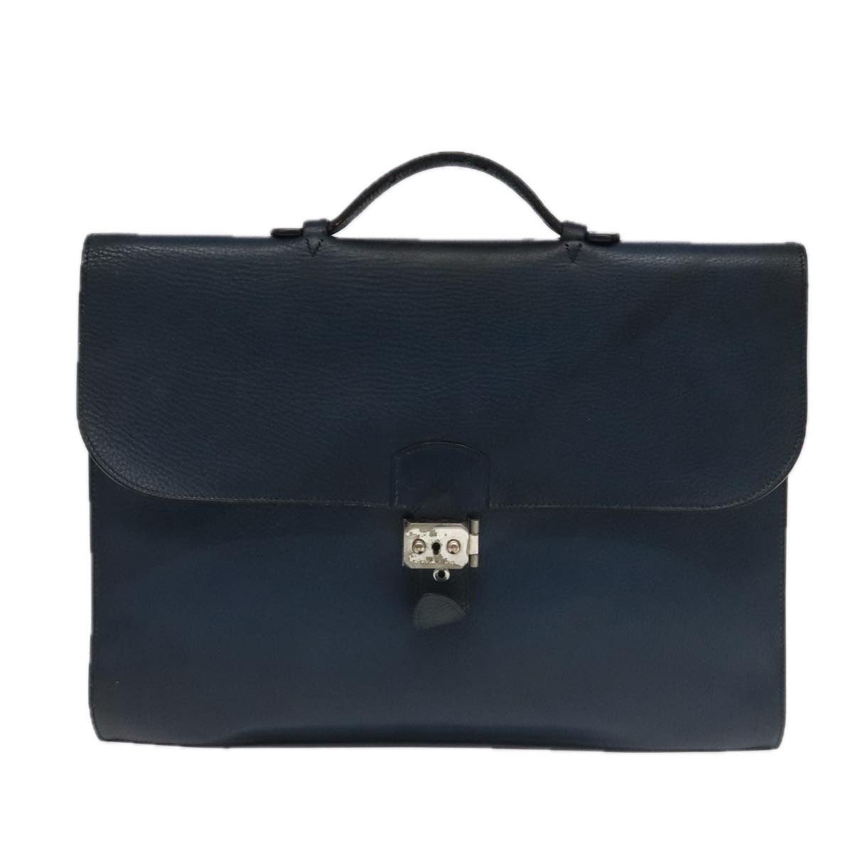 HERMES Sac Adepeche Business Bag Leather Navy Silver Auth bs18697