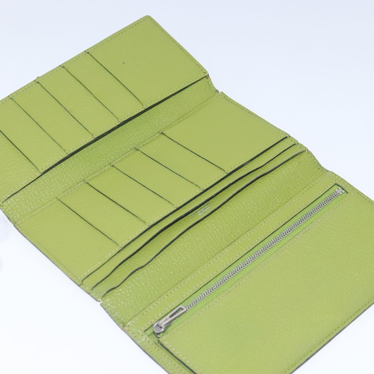 HERMES bean Souffl Wallet Leather Green Silver Auth bs18706