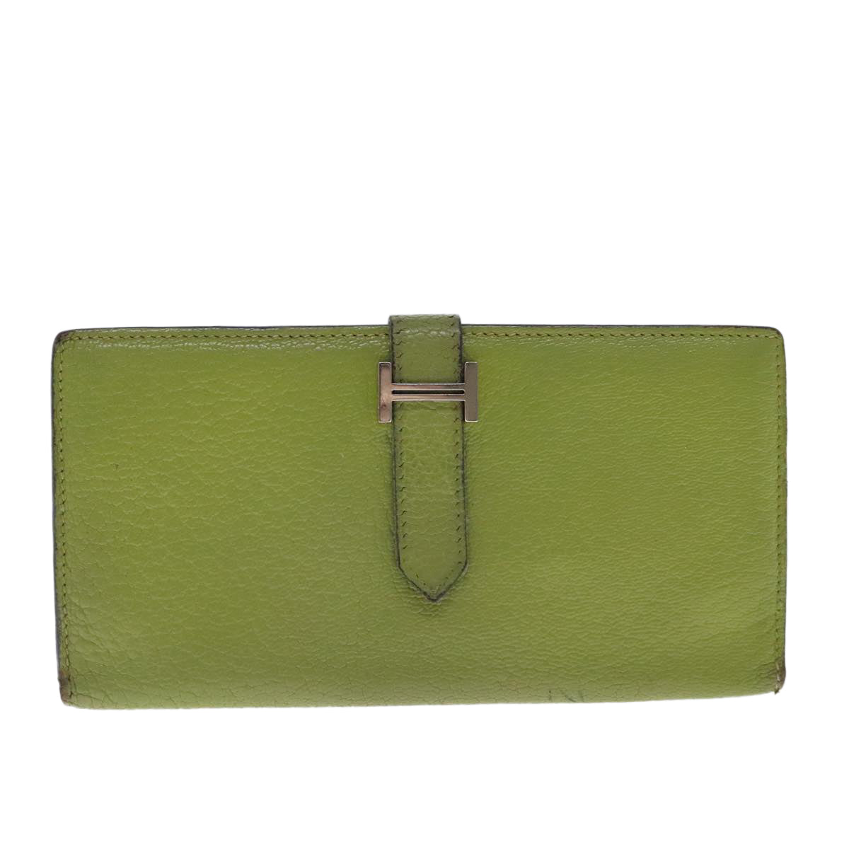 HERMES bean Souffl Wallet Leather Green Silver Auth bs18706