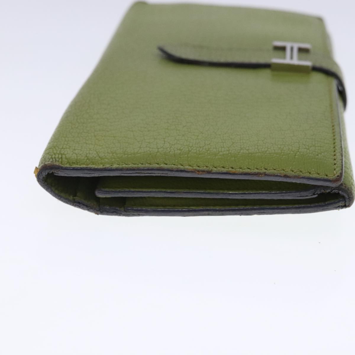HERMES bean Souffl Wallet Leather Green Silver Auth bs18706
