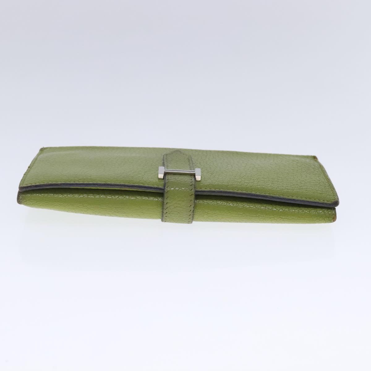 HERMES bean Souffl Wallet Leather Green Silver Auth bs18706