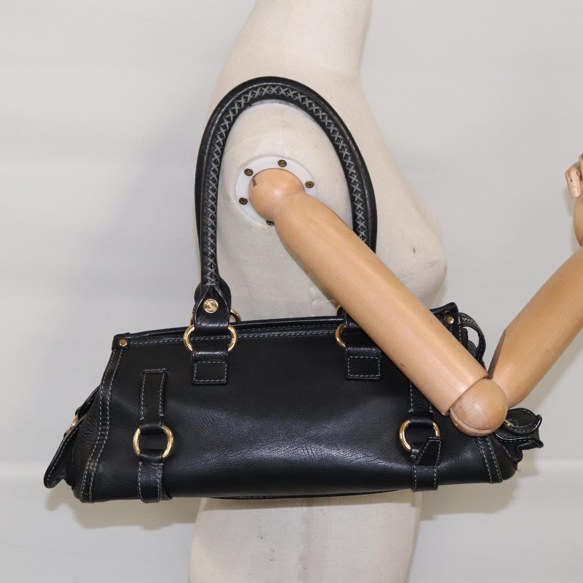 CELINE Hand Bag Leather Black Gold Auth bs18766